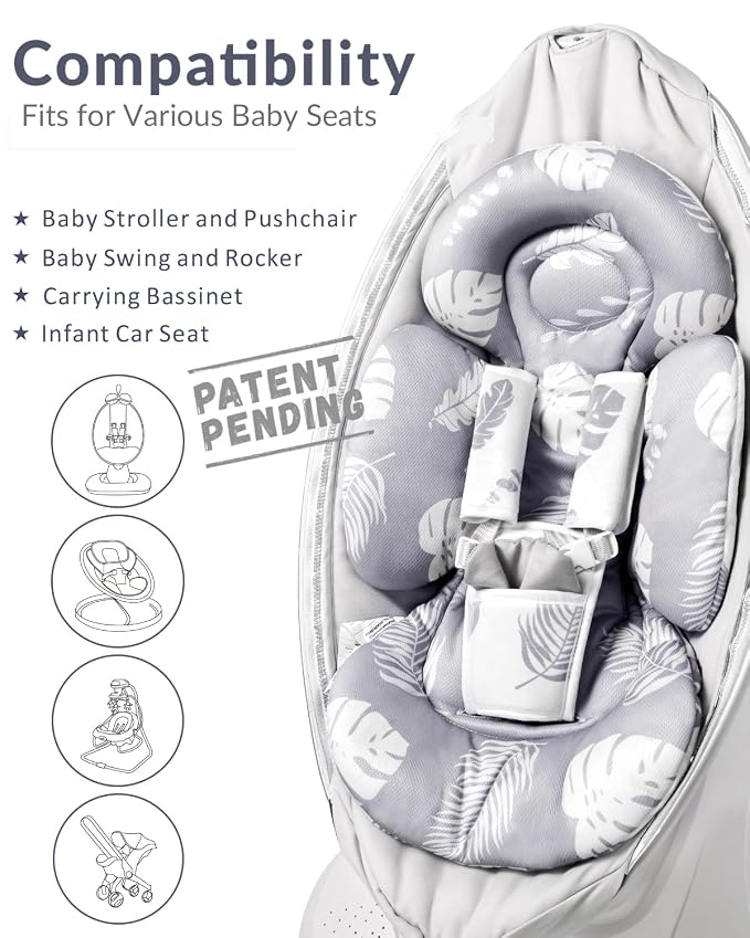 Generic Infant Car Seat Insert Compatible with Mamaroo Swing & Graco Swing and Infant Car Seat, Newborn Insert Baby Head Body Support, Reversible Design, Breathable Soft Fabric, 1Pcs - Grey Leaf