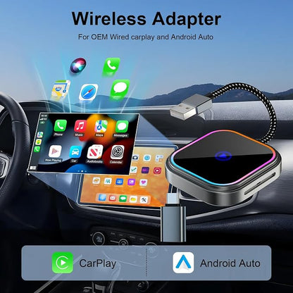 2-in-1 Wireless CarPlay Adapter, for Android Auto to CarPlay Converter Plug-and-Play Supports Original Car Controls with USB-A and USB-C Connectors