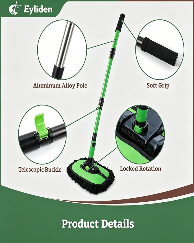 Eyliden Car Wash Brush Mop with Long Handle, 90° Swivel Head with 45° Angle Lock, 2 Scratch-Free Microfiber Heads, Car Detailing Kit for Car Truck RV, Green & Black