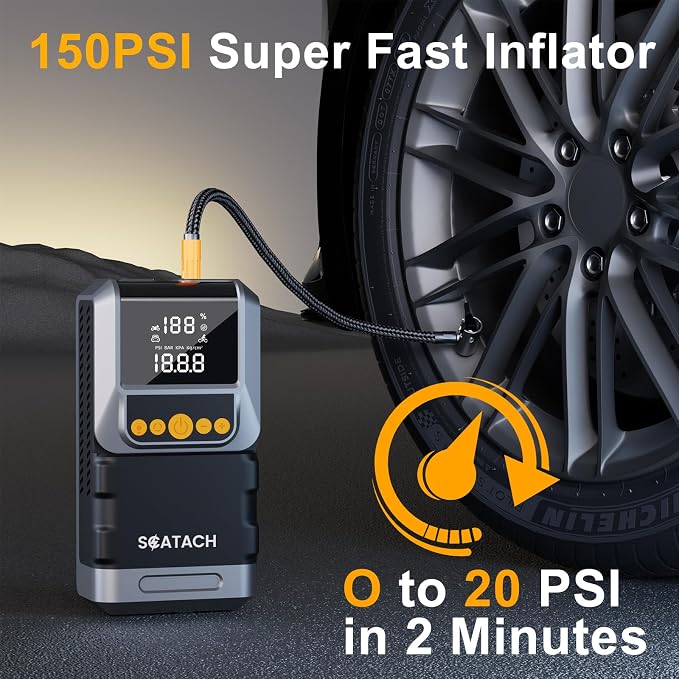 Jump Starter with Air Compressor 8000A 150PSI Car Battery Jump Starter (10.0 Gas/8.0L Diesel), Battery Jumper Starter Portable 12V Jump Box with Jumper Cables, LED Light, LED Display