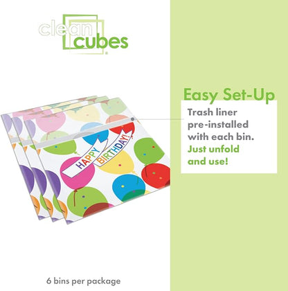 Clean Cubes 13 Gallon Disposable Pop-Up Trash Cans (6-Pack) with Fitted Bags – Foldable Garbage & Recycling Bins for Parties, Events & Kitchen (Birthday, 17" H x 13.5" W x 10" D)