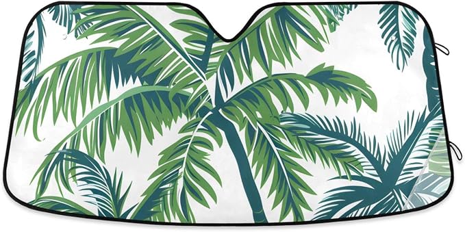 Cars Front Sun Shade Windshield,Foldable Reflective Sun Visor Tropical Palm Tree and Leaves Windshield Sunshade Cover,Blocks UV Ray Sun Protect Interior Keep Cool,53" x 23.5 "