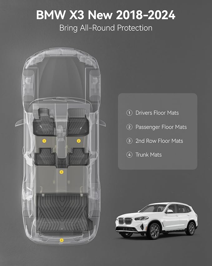 3W 2018-2024 BMW X3 Floor Mats & Cargo Liner, All Weather TPE BMW X3 Accessories Custom Fit for X3 G01 30i M40i X3M Car Mats (Only for car Without Spare tire) (Don't Fit X3 30e), 6PCS