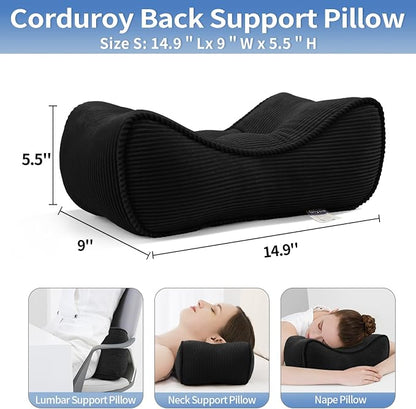 Lumbar Support Pillow for Study Desk Chair, Bite-Size Natural Latex Foam Back Support Pillow for Lower Back Pain Relief, Soft & Support Corduroy Office Chair Cushion, S, Black