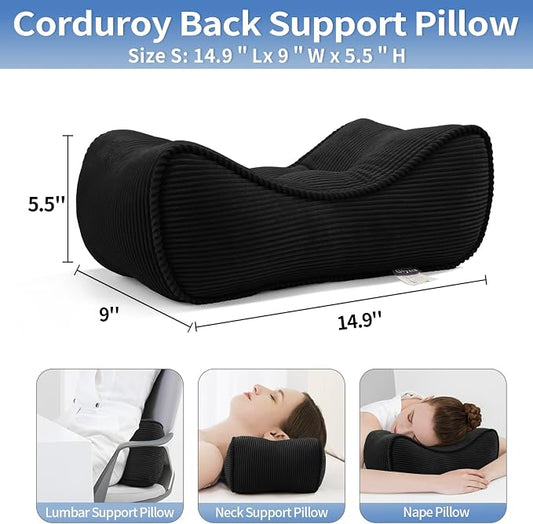 Lumbar Support Pillow for Study Desk Chair, Bite-Size Natural Latex Foam Back Support Pillow for Lower Back Pain Relief, Soft & Support Corduroy Office Chair Cushion, S, Black