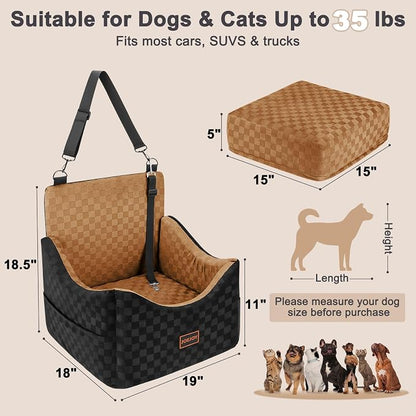 JOEJOY Elevated Dog Car Seat for Small/Medium Dogs up to 35 lbs, Memory Foam Booster Seat with Detachable Washable Cover, Travel-Safe Car Bed with Safety Belts & Storage Pockets, Brown