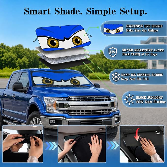 Car Windshield Sun Shade, Blue Monster Eyes Large Foldable Front Window Sunshade, UV Heat Protection Windshield Cover Universal Fits Full-Size Pickup Truck SUV- 63 x 33.86