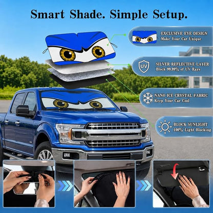 Car Windshield Sun Shade, Blue Monster Eyes Large Foldable Front Window Sunshade, UV Heat Protection Windshield Cover Universal Fits Full-Size Pickup Truck SUV- 63 x 33.86