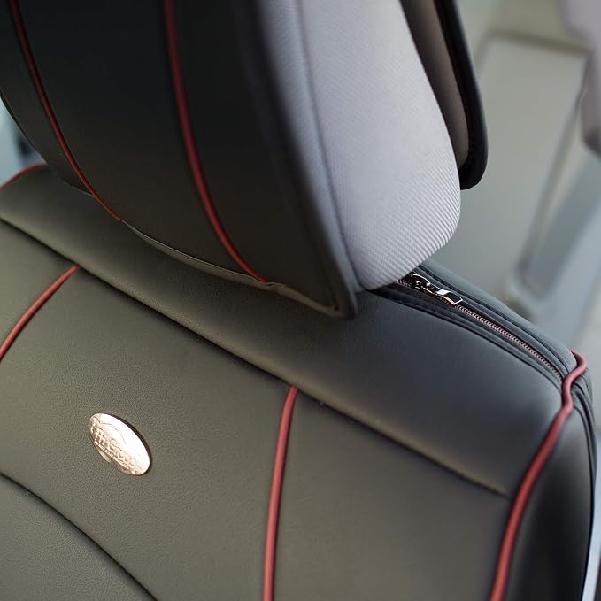 FH Group Back Seat Faux Leather Car Seat Cover - Universal Fit, Rear Seat Covers for Cars with Rear Split Bench, Car Seat Cushions for SUV, Sedan, Van, Black Red Trim