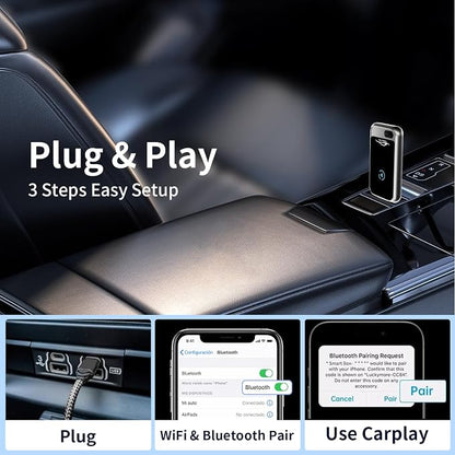 Wireless Carplay Adapter for Apple iPhone (2025 Upgraded), Convert Wired to Wireless Car Play Dongle, Mini USB Design with Extension Cable, Plug & Play Stable Connection for iOS 10+ for Car from 2016