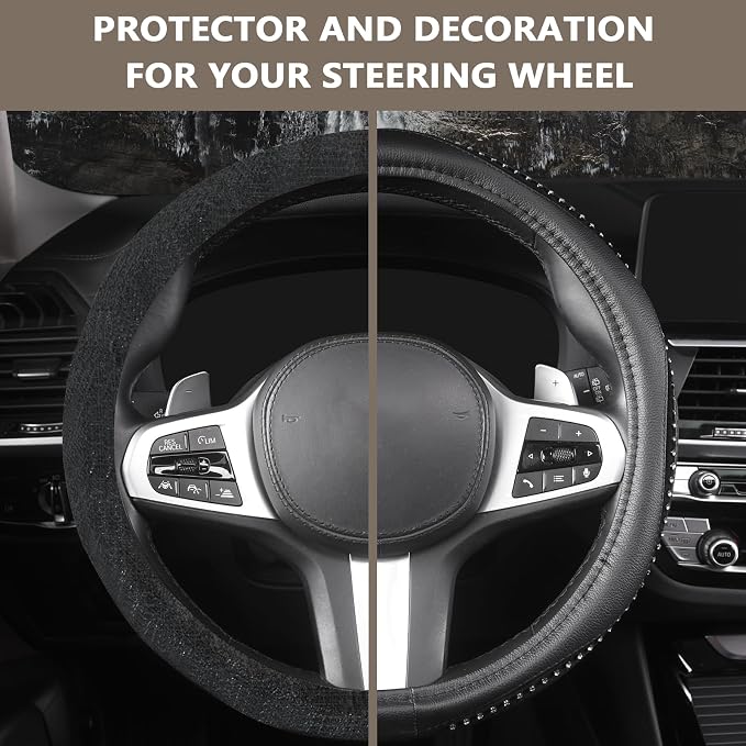 AUTOYOUTH Bling Steering Wheel Cover - Crystal Studded Rhinestone Non-Slip Breathable Design for Women/Girls, Universal Fit 14.5-15 Inch Black