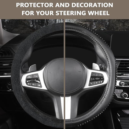 AUTOYOUTH Bling Steering Wheel Cover - Crystal Studded Rhinestone Non-Slip Breathable Design for Women/Girls, Universal Fit 14.5-15 Inch Black