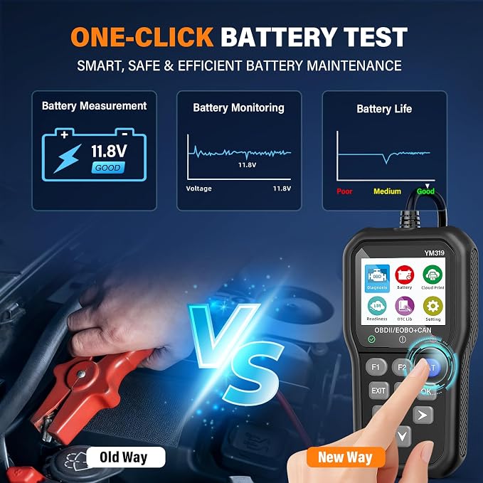 BluSon YM319 OBD2 Scanner Diagnostic Tool with Battery Tester, Check Engine Fault Code Reader with Live Data, Cloud Printing, DTC Lookup, Freeze Frame, Scan Tool for All OBDII Protocol Cars Since 1996