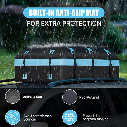 Car Rooftop Cargo Carrier Bag, 30 Cubic Feet Waterproof Soft-Shell Car Roof Bag for All Vehicle with/Without Rack, Include Anti-Slip Mat, Reinforced Straps, Door Hooks Luggage Lock (Blue)