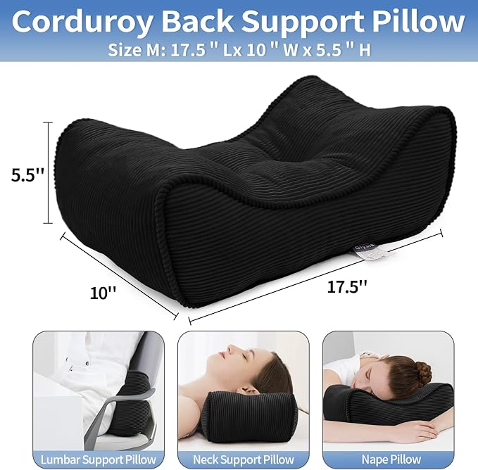 Lumbar Support Pillow for Office Chairs, Bite-Size Natural Latex Foam Back Support Pillow for Lower Back Pain Relief, Soft & Support Corduroy Desk Chair Cushion, M, Black
