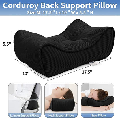Lumbar Support Pillow for Office Chairs, Bite-Size Natural Latex Foam Back Support Pillow for Lower Back Pain Relief, Soft & Support Corduroy Desk Chair Cushion, M, Black