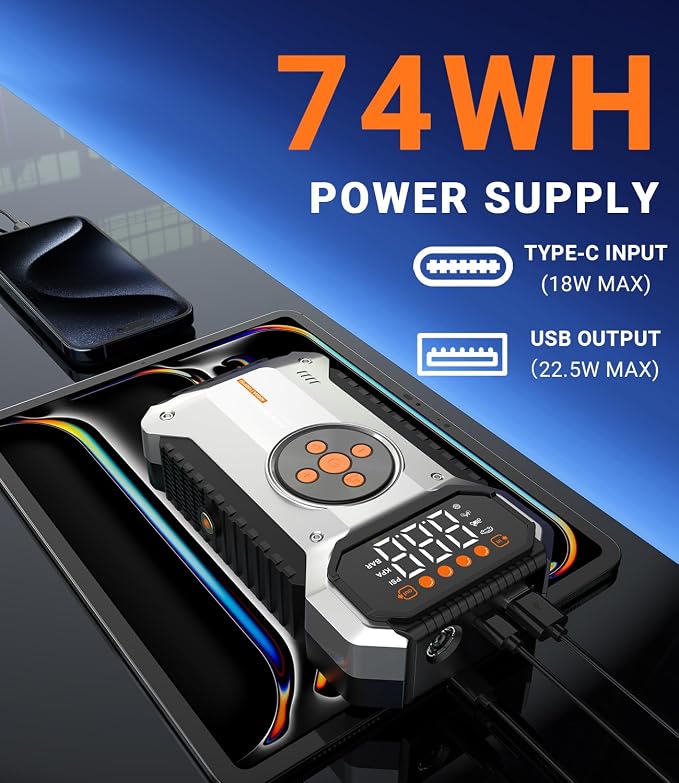 Car Jump Starter with Air Compressor, 4000A 12V Portable Jump Starter (All Gas/9L Diesel), Car Battery Jump Box with 150 PSI Tire Inflator, 3 Modes Flashlight, Storage Case, Jumper Cables