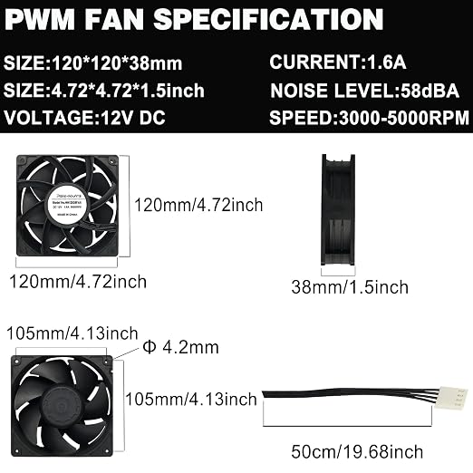2-Pack 120mm 12V DC 12038 120mm x 38mm 4.72inch High Speed Dual Ball Bearing 4Pin Antminer Fan PWM High CFM Brushless PC Computer CPU Case Ventilation Exhaust Fan with Metal Guard Grill 3000-5000RPM