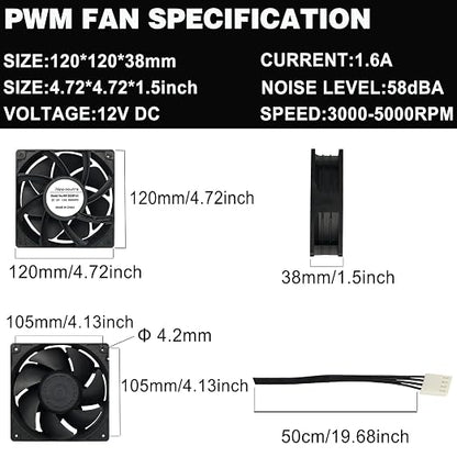 2-Pack 120mm 12V DC 12038 120mm x 38mm 4.72inch High Speed Dual Ball Bearing 4Pin Antminer Fan PWM High CFM Brushless PC Computer CPU Case Ventilation Exhaust Fan with Metal Guard Grill 3000-5000RPM