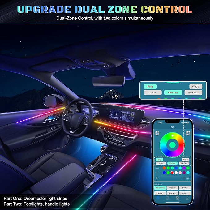 Dreamcolor Acrylic Interior Car LED Strip Light with Wireless APP, RGB 14 in 1 with 175 inches 612 LEDs Fiber Optic Strip Lights for Car, Dual Zone Symphony Neon Car Ambient Lighting
