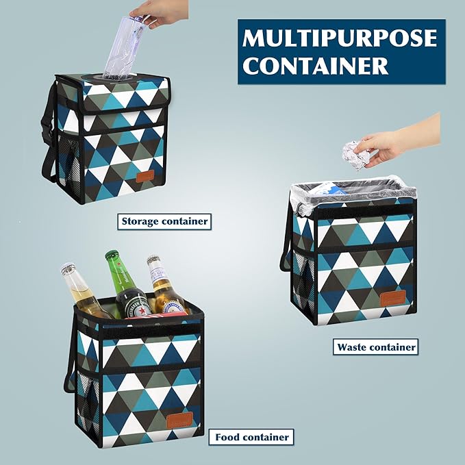 Femuar Car Trash Can with Lid - Leak Proof, Waterproof, Multipurpose Car Hanging for Headrest, Collapsible and Portable with Storage Mesh Pocket, Triangle