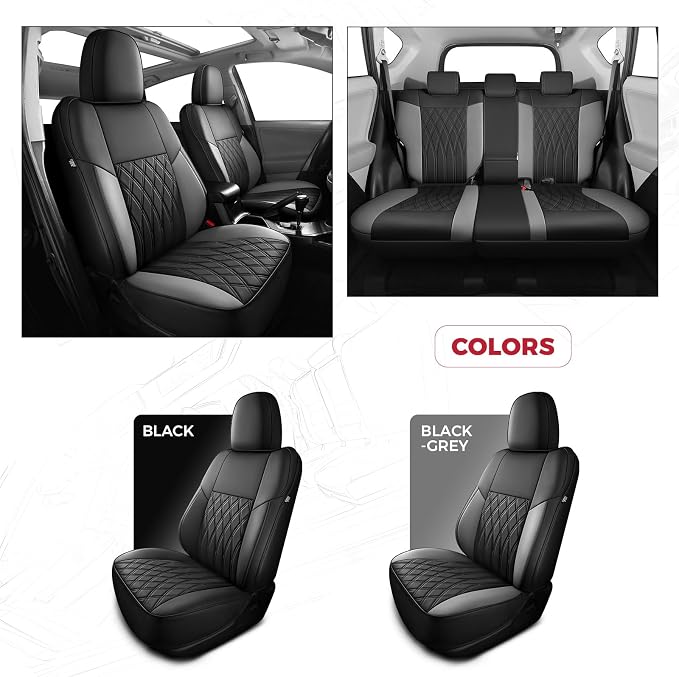 FREESOO Custom Seat Covers for Toyota RAV4 2013 2014 2015 2016 2017 2018, RAV4 Leather Car Seat Covers, RAV 4 SUV Accessories Full Set LE XLE Limited SE Platinum Adventure(Not for Hybrid), BlackGrey