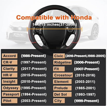 GIANT PANDA Microfiber Leather Steering Wheel Cover for Honda Accord,Civic,CR-V,HR-V,Pilot(Diamond-Pattern-Black+Red Line-Standard Size)