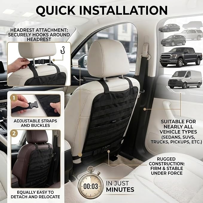 Car Seat Back Organizer,Multifunctional Hanging Molle Seat Back Organizer with Large Compartment,Universal Car Organizers Backs Seats Fit for Most Cars SUVs Trucks