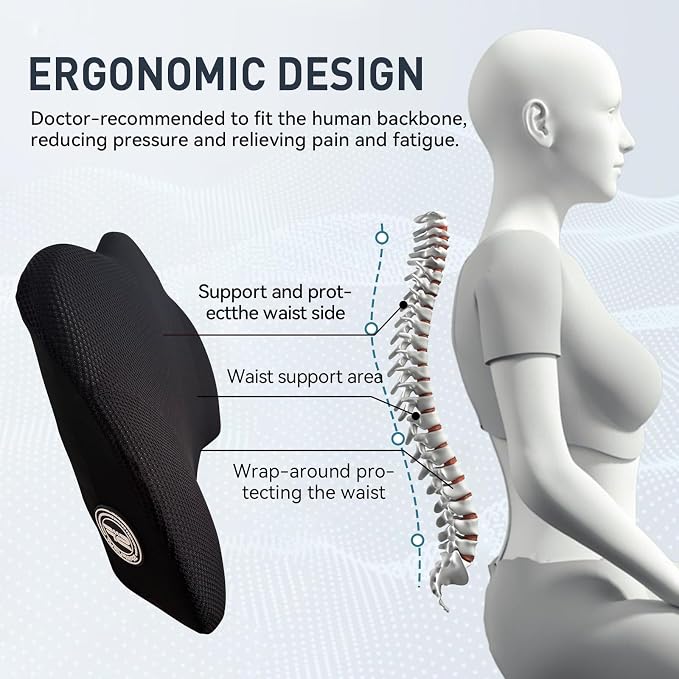 SPRFUFLY Really Amazing Lumbar Support Pillow for Car Seat - Pure Memory Foam with Breathable Removable Cover - Relieves Back Pain Lumbar Pillow(Black, 1PC)