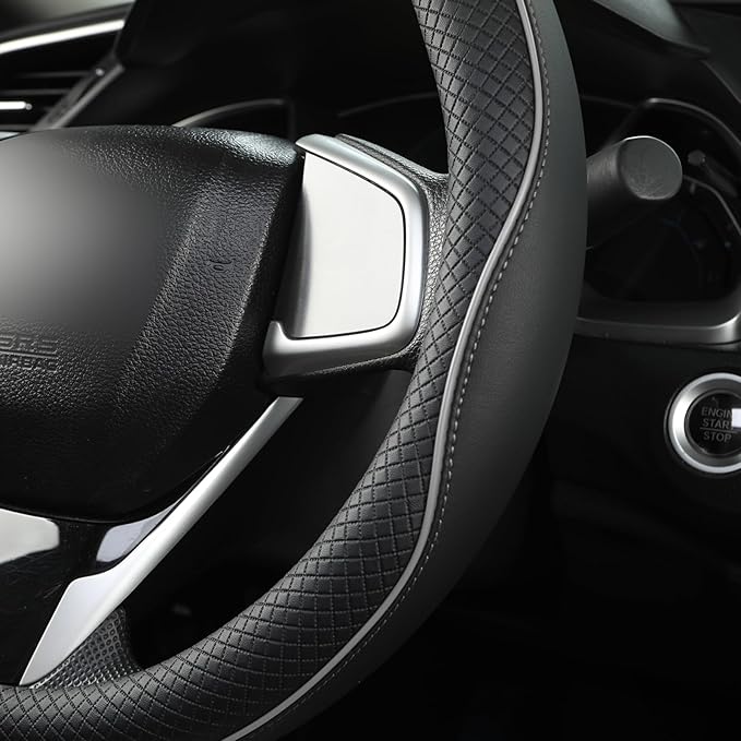 West Llama Microfiber Leather Car Steering Wheel Cover for Honda Accord Civic CR-V HR-V Pilot Fit Passport Odyssey,Sport Style,14.5-15 inch (Black+Gray Line-Standrad Size)