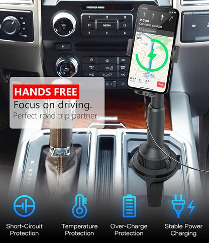 APPS2Car 15W Qi Wireless Car Charger Solid Cup Holder Mount, Adjustable Long Arm & 360° Rotation, Fits 3"–4" Round Cup Holders, Works with Cases ≤ 4 mm (No Metal Attachments)