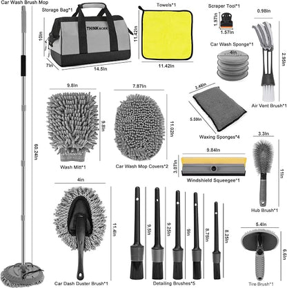 THINKWORK Car Wash Kit, 62'' Car Washing Brush with Long Handle, Extendable Car Wash Brush Mop with 2-in-1 Windshield Squeegee and 9Pcs Detailing Brushes, Gray Car Detailing Kit Gift for Men