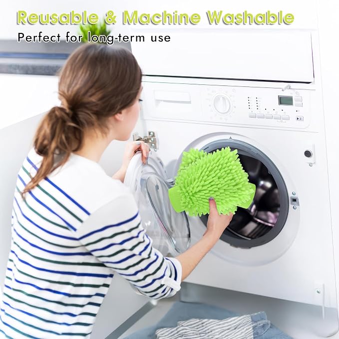 3 Pack Chenille Microfiber Car Wash Mitt, 7" x 9.6" Car Washing Mitts, Home Dusting Gloves, Scratch Free Lint-Free, Highly Absorbent, Double Sided, for Cleaning Detailing Polish (Green)