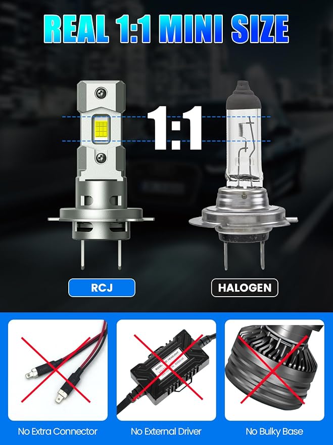 RCJ H7 Bulbs, 16000LM 600% Brightness 6000K Cool White H7 Fog Light Bulb, 1:1 Mini Size No Adapter Required, Plug and Play, Canbus Ready, Pack of 2