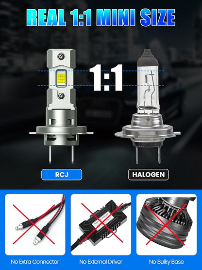 RCJ H7 Bulbs, 16000LM 600% Brightness 6000K Cool White H7 Fog Light Bulb, 1:1 Mini Size No Adapter Required, Plug and Play, Canbus Ready, Pack of 2