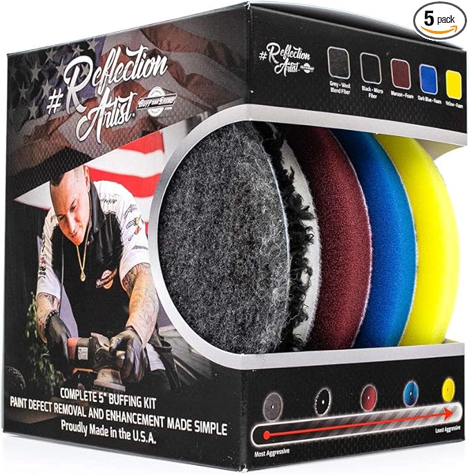 The Rag Company - Buff and Shine Reflection Artist Complete 5" Buffing Kit - Combination of Five Pads, URO line, Easy to Use Combo