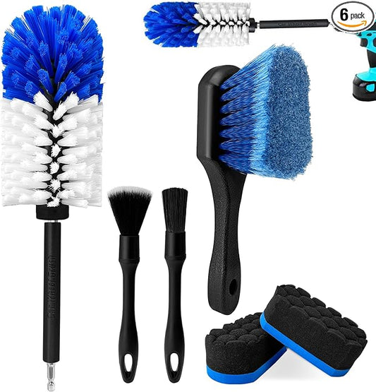 Car Wheel Brush Kit, Soft Drill Wheel Cleaner Brush, Tire Brush, Detailing Brush, and Detailing Pads, No Scratches Car Wheel Cleaning Kit for Wheels, Tires, Rims, Engines, Exhaust(Blue+White, 6 Pack)
