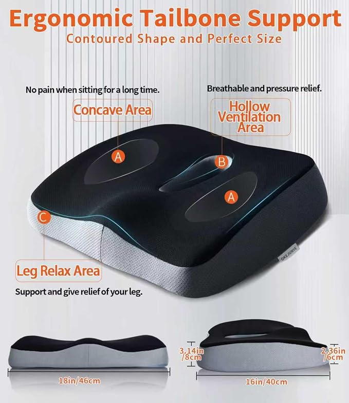 Memory Foam Seat Cushion, Large Office Chair Cushions Chair Pad for Tailbone Sciatica Coccyx Lower Back Pain Relief, Orthopedic Butt Pillow for Desk Chair Car Wheelchair Long Sitting (Black)