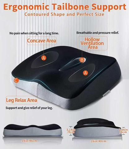 Memory Foam Seat Cushion, Large Office Chair Cushions Chair Pad for Tailbone Sciatica Coccyx Lower Back Pain Relief, Orthopedic Butt Pillow for Desk Chair Car Wheelchair Long Sitting (Black)