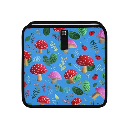 Car Trash Can Organizer Bin with Adjustable Strap for Back Front Seat Console Waterproof Leakproof Collapsible Portable 8.66 Inch Bright Blue Mushrooms Leaves and Ladybugs