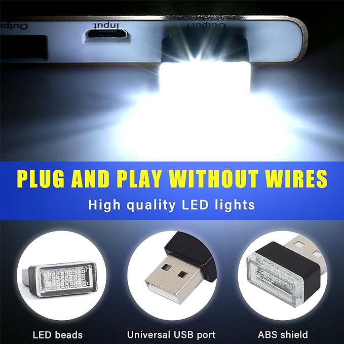 Augeny 4 PCS USB LED Car Interior Atmosphere Lamp, Plug-in USB Decor Night Light, Portable Auto Ambient Lighting Kit, Universal Vehicle Interior Accessories for Most Cars (White & Ice Blue)