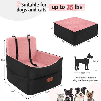 HEGGCOOE Dog Car Seat for Small Medium Dogs, Memory Foam Puppy Dog Booster Seat with Thick Cushion for Dogs Under 35lbs, Detachable Washable Pet Car Seat Travel Bed with Storage Pockets,2 Safety Belts