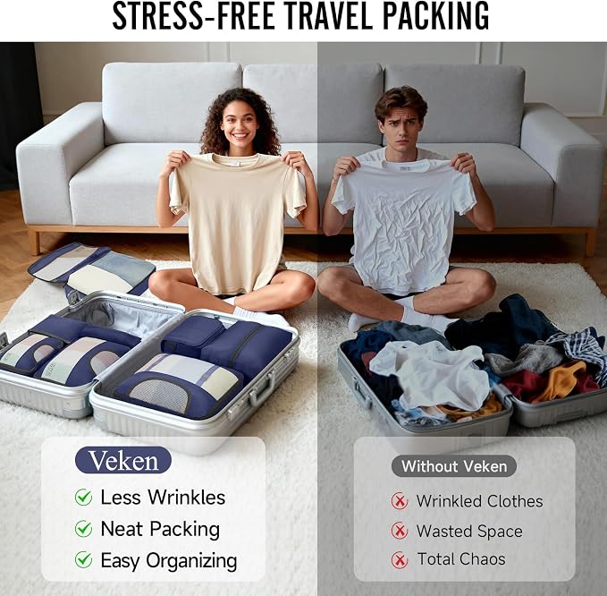 Veken 10 Set Packing Cubes for Travel Essentials,Anti-Wrinkle Buckled Suitcase Organizer for Shoe & Toiletry Bag,Carry On Luggage Bag with 99+ Count Mesh Holes for Airplane & College Dorm Accessories