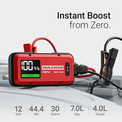 Hulkman Alpha Ultra Red, 1250A 44.4Wh Jump Starter, Power Without the Bulk, Car Battery Jump Starter & Jump Box with 2.9" Smart Display, 50-Min Full Charge, Jumper Cables for 7.0L Gas/4.0L Diesel