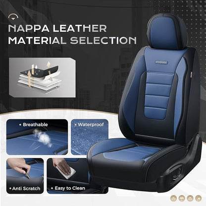 Coverado Car Seat Covers Full Set, Nappa Leather Seat Covers for Cars, Car Seat Protector Car Seat Cushion, Front and Back Seat Protectors Cushions Universal Fit for Most Cars Vehicles(Black&Blue)
