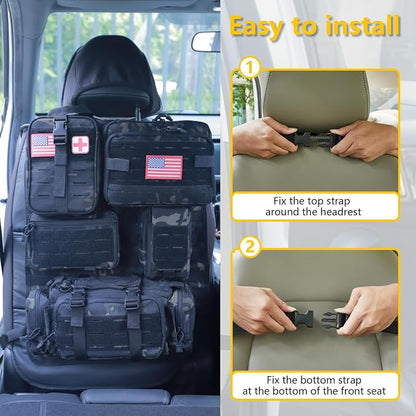 Universal Tactical Car Seat Back Organizer Bag Tactical Molle Vehicle Organizers Panel Vehicle Protector Organizers with 5 Detachable Pouches for Car Truck Ford Jeep (Upgraded D model Black camo)