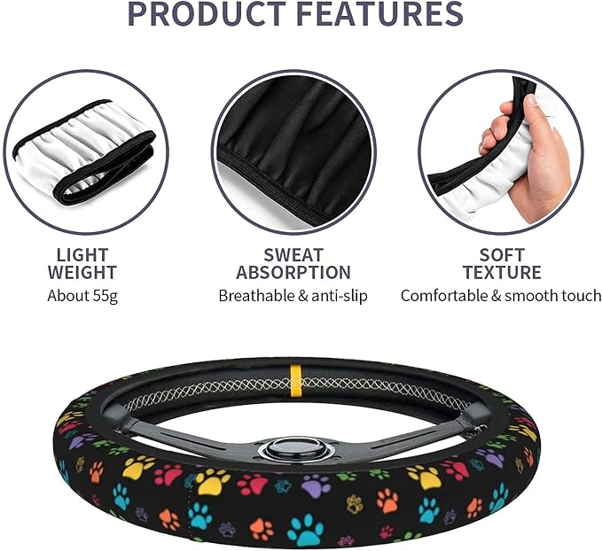 Dog Paw Print Steering Wheel Covers Universal 15 inch Non Slip Neoprene Steering Wheel Protector Cover for Men Women Car Truck