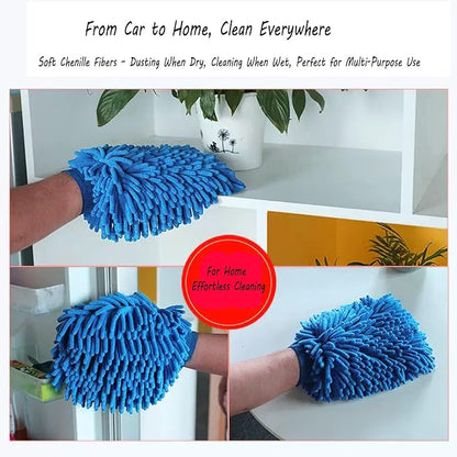 Blue microfiber cleaning mitt used for dusting and cleaning in a home setting.