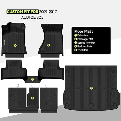 Tongama-Floor Mats for 2009-2017 Audi Q5/2014-2017 SQ5, All Weather TPE Floor Liners & Trunk Mat & Backrest Mats for Audi Q5 Waterproof Interior Accessories