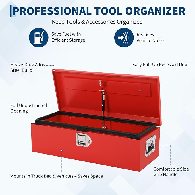 Heavy Duty Steel Metal Tool Box 48" for Truck Bed, Locking Plate Crossbed Storage Chest with Gas-Strut Assisted Lid, Weather-Resistant Truck Bed Tool Box for Pickup, Trailer, RV